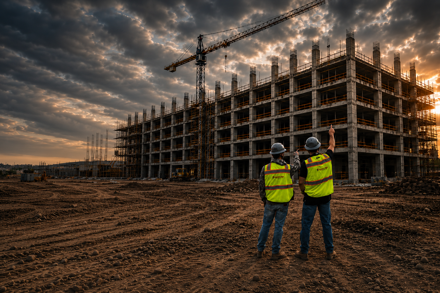 Two Safety Pro Solutions safety professionals in hard hats and hi-vis vests reviewing an active concrete-frame construction site at dusk